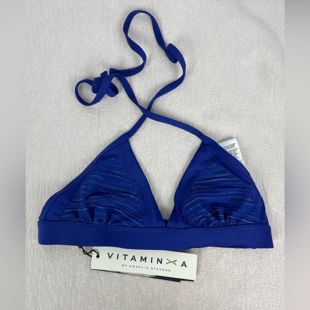 Vitamin A Rothko Royal Blue Gold Metallic Striped Triangle Bikini Swim Top